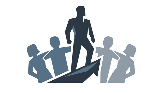 Leader standing on upward arrow with team below symbolizing success and teamwork in business.