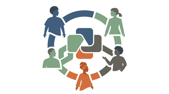 Multicultural group of people forming a circular network with abstract shapes representing connection and community.