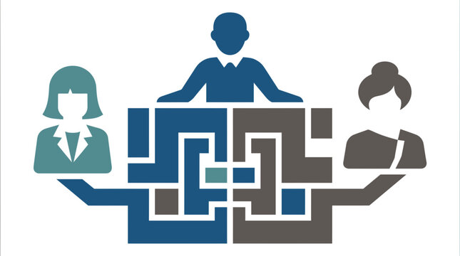 People navigating a complex maze and problem solving for business solutions and teamwork.