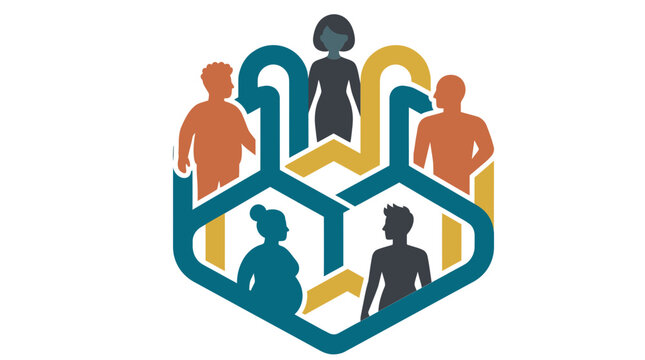 Multicultural team icons forming a hexagon structure symbolizing unity diversity and business success.