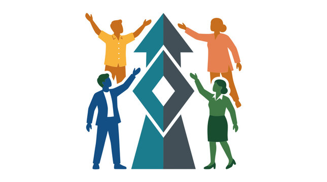 People reaching towards an upward ascending arrow structure representing collective ambition and progress.