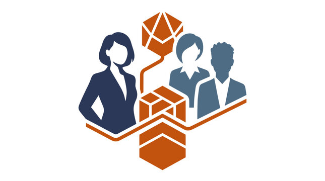 Team collaboration with three business people connected to a central orange network structure.