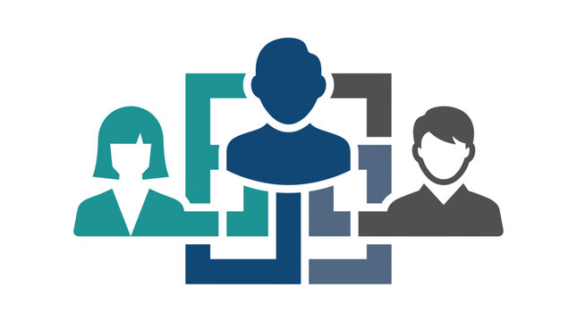 Three people connected in a network diagram with blue and teal colors for business team collaboration.