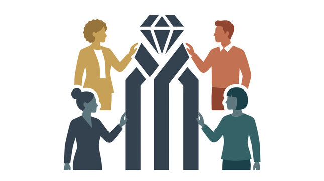 Team members gathered around a diamond shaped symbol representing value and joint enterprise.