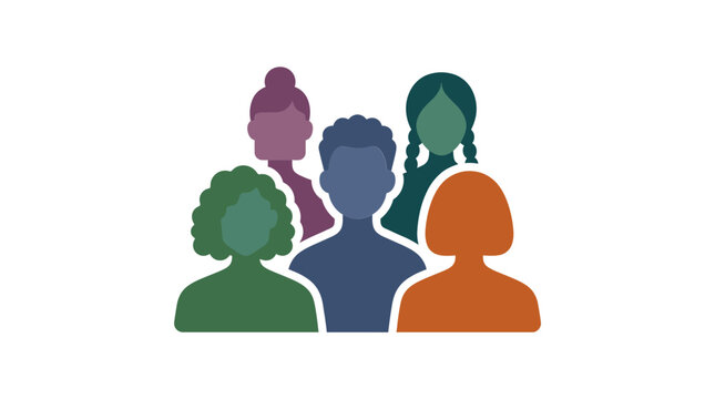 Stylized group of people icons with varied hairstyles and colors on transparent background.