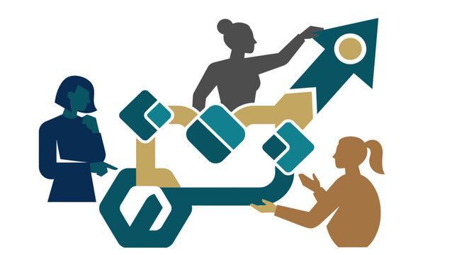 Teamwork and growth concept with people figures and upward arrow graphic for business strategy and success illustration.