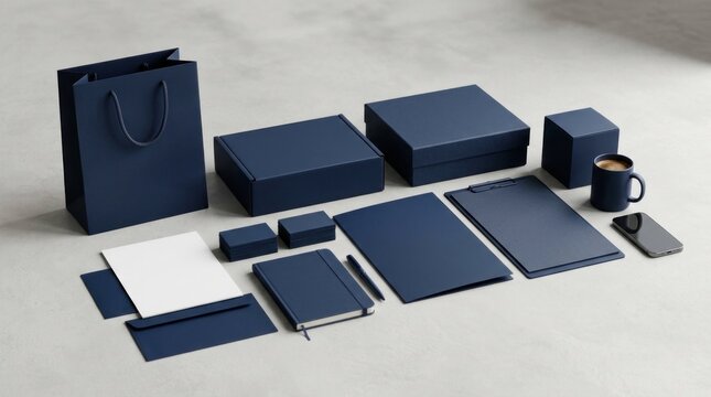 Elegant Navy Blue Corporate Branding Stationery and Promotional Gift Set.