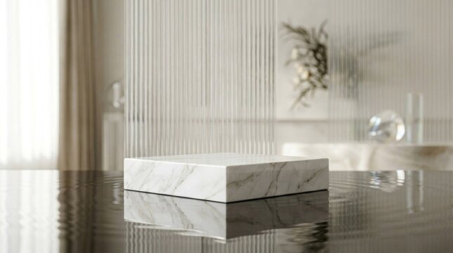 Elegant Marble Product Display Pedestal on Reflective Surface.