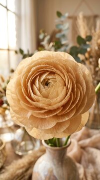 Elegant Peach Ranunculus Bloom in a Vase.