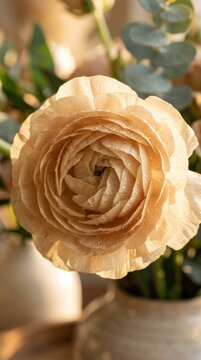 Elegant Peach Ranunculus Flower with Delicate Layered Petals.