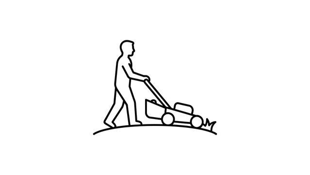 Person mowing lawn with machine black outline icon on transparent back.