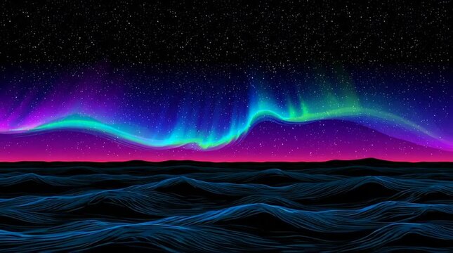 a simple black line vector illustration of the aurora borealis dancing across a starry night sky over a dark ocean