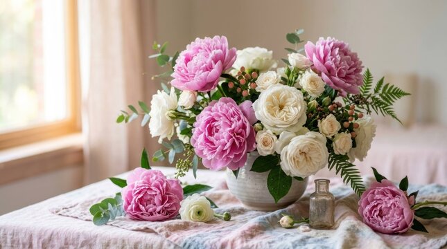 Elegant Peony and Rose Floral Arrangement in a Bright Room.