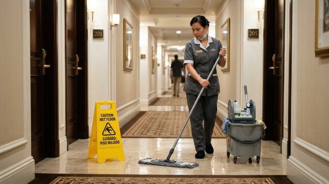 A hotel maid diligently mops a wet floor in a luxurious hotel hallway. She wears a uniform and carries a cleaning cart filled with supplies.