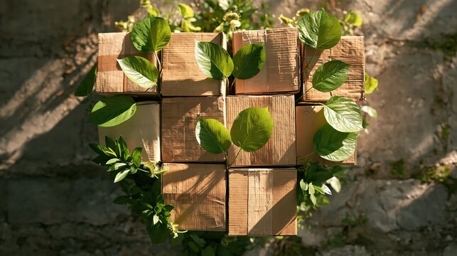 Natural green leaves sprout from recycled brown cardboard boxes arranged in a square pattern on a textured stone surface to highlight sustainable packaging choices for an environmentally