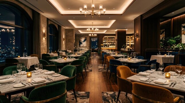 Elegant Restaurant Interior with Modern Decor and Fine Dining Setup.