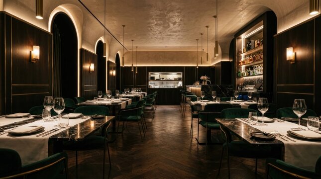 Elegant Restaurant Interior with Warm Lighting and Sophisticated Decor.