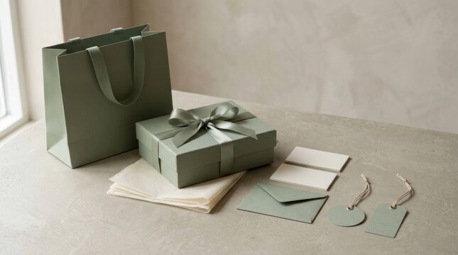 Elegant Sage Green Gift Packaging and Stationery Collection.