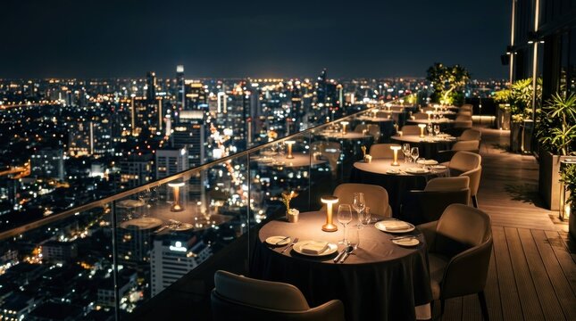 Elegant Rooftop Restaurant with Panoramic City Skyline Views at Night.