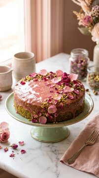 Elegant Rose and Pistachio Cake with Pink Glaze and Floral Decorations.