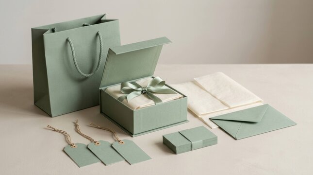 Elegant Sage Green Gift Packaging Set with Box, Bag, and Stationery.