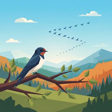 Geometric swallow bird perched on a branch in mountain landscape