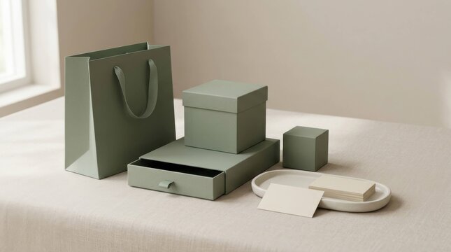 Elegant sage green packaging collection for gifts and products, featuring boxes, a bag, and a tray.