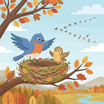 Mother bird and chick in nest during autumn