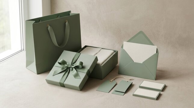 Elegant Sage Green Stationery and Gift Packaging Collection.