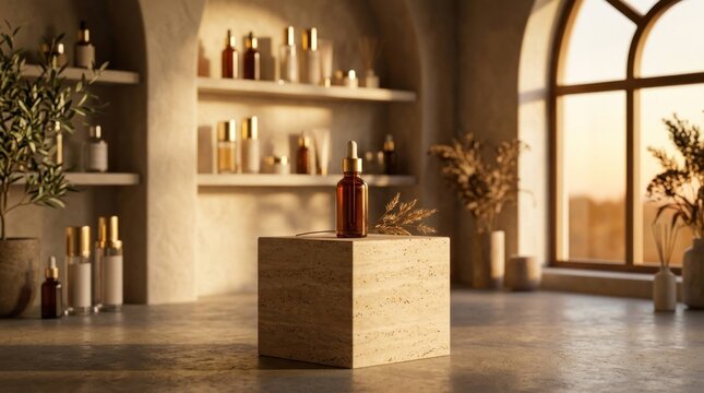 Elegant Skincare Display with Amber Dropper Bottle on Wooden Pedestal.