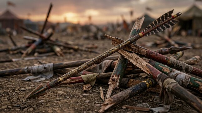 Broken Medieval Arrows Scattered on Ancient Battlefield at Sunset.