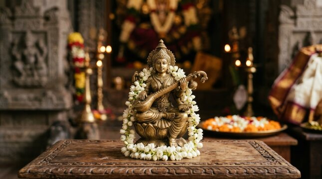 Brass idol of Goddess Saraswati adorned with jasmine flowers.
