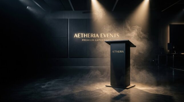 Empty Stage with Podium and Spotlights for Aetheria Events Presentation.