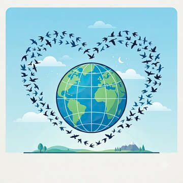 Birds flying in heart shape around planet Earth