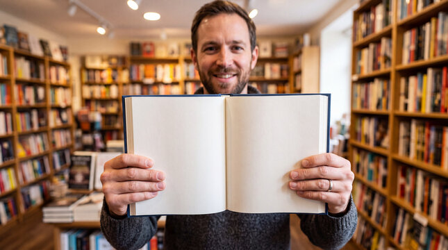 Smiling man holding open blank book mockup in cozy bookstore surrounded by wooden bookshelves.