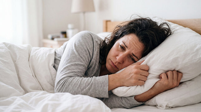 Sad and depressed woman lying in bed hugging pillow while suffering from insomnia, stress, and grief.