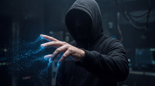 Hacker interacting with a glowing digital interface inside a secure server room.