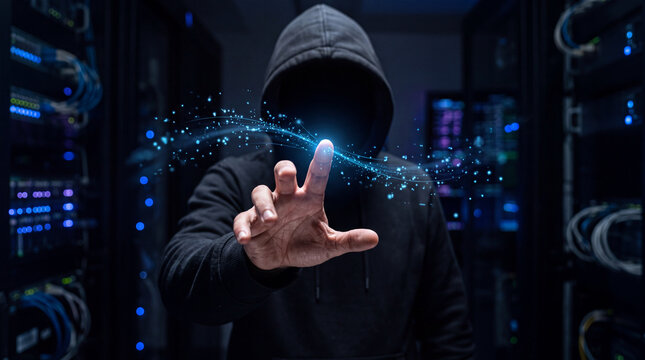 Hacker interacting with a glowing digital interface inside a secure server room.