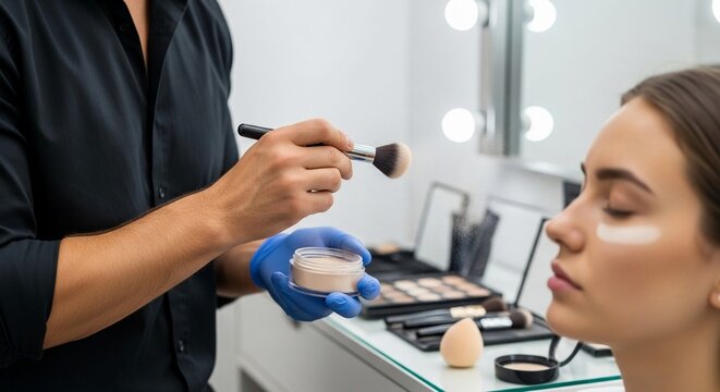 Male makeup artist in blue gloves expertly applying powder with a brush in a brightly lit beauty studio.