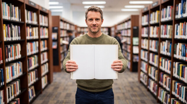 Confident mature man standing between library bookshelves holding open blank book with white pages for mockup.
