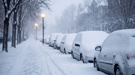 Naklejka premium Snow-covered cars lining a city street during a heavy winter snowfall.