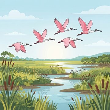 Roseate spoonbills flying over a wetland landscape