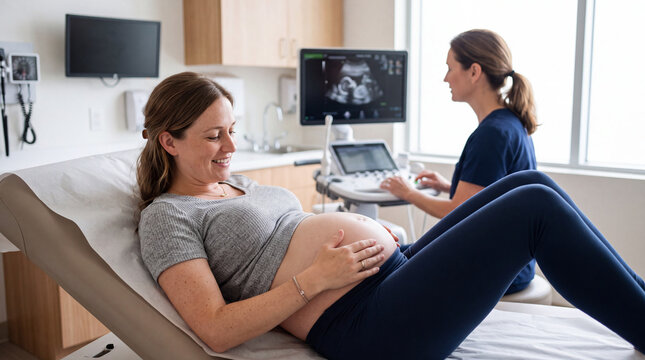 Happy pregnant woman looking at her bare belly during prenatal ultrasound examination in medical clinic.