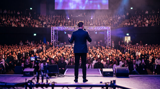 Speaker addressing a large audience on a brightly lit stage during a live event.