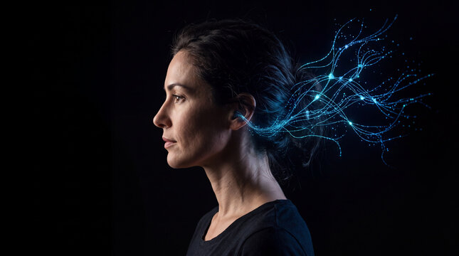 Woman in profile with glowing blue neural connections symbolizing artificial intelligence and human cognition.