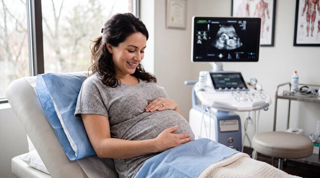 Happy pregnant woman sitting on examination couch in clinic room with ultrasound machine in background.