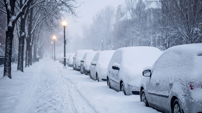 Snow-covered cars lining a city street during a heavy winter snowfall.
