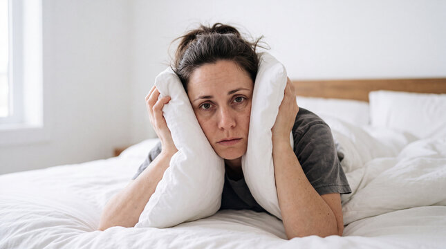 Tired woman covering her ears with pillows while lying awake in bed.