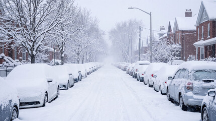 Naklejka premium Snow-covered residential street lined with parked cars, houses, and trees during a heavy winter snowfall.