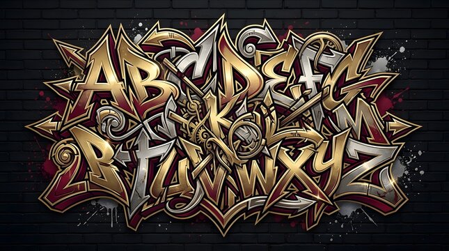 Luxurious gold and black graffiti lettering with intricate ornamental details, metallic textures, and bold layered forms creating an elegant urban artwork.